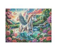 Puzzle pour Adultes Pégase Champ de Fleurs Faune Sauvage Nature Sauvage Fantastique Belle 500 Pièces Amusant Stimulant Parfait pour Passe Temps Et Divertissement Familial 500 PCS（52×38cm）
