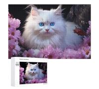 Puzzle pour Adultes1000 PCS Fluffy White Cat with Blue Eyes Surrounded by Pink Flowers Puzzles pour Adolescents, Jouet, Décoration Murale, Passe-Temps, Cadeau d'anniversaire, Cadeaux, 1000 PCS