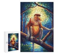 Puzzle pour Adultes1000 PCS Proboscis Monkey Stained Glass Illustration Casse-tête pour Adolescents, Jeu De Réflexion, Décoration Intérieure, Cadeau d'anniversaire Unique 1000 PCS