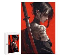 Puzzle pour Adultes1000 PCS Tattooed Woman with Katana on Red Casse-tête pour Adolescents, Jeu De Réflexion, Décoration Intérieure, Cadeau d'anniversaire Unique 1000 PCS