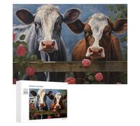 Puzzle pour Adultes300 PCS Two Cows Behind A Fence with Pink Roses Puzzles pour Adolescents, Jouet, Décoration Murale, Passe-Temps, Cadeau d'anniversaire, Cadeaux, 300 PCS