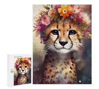 Puzzle pour Adultes500 PCS Floral Crown Cheetah Art Print Puzzle pour Adolescents pour S'amuser en Famille, Un Défi Éducatif, Un Cadeau d'anniversaire Unique 500 PCS