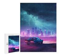 Puzzle pour Adultes500 PCS Neon Cityscape with Vintage Car Puzzle pour Adolescents pour S'amuser en Famille, Un Défi Éducatif, Un Cadeau d'anniversaire Unique 500 PCS