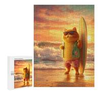 Puzzle pour Adultes500 PCS Surfing Cat Sunset Beach Puzzle pour Adolescents pour S'amuser en Famille, Un Défi Éducatif, Un Cadeau d'anniversaire Unique 500 PCS