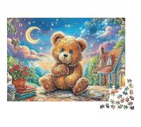 Puzzle Premium 1000 pièces Traversée d'ours pour Adultes, Ours en Peluche, Lune, étoiles, Maison, Fleurs, épais Robuste Haute qualité Vibrant Stimulant Anti-Stress Jeu 38x26cm