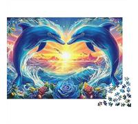 Puzzle Premium Dauphins Arc-en-Ciel 1000 Pièces pour Adultes Dauphins Cœur Coucher de Soleil Roses Océan Épais Robuste Haute Qualité Vibrant Difficile Anti-Stress Jeu 38x26cm
