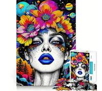 Puzzle psychédélique pour Adultes Femme à la Couronne de Fleurs et aux planètes, 1000 pièces, pour renforcer la mémoire, Passe-Temps à la Maison, Bords Nets, Cadeau élégant (38x52cm)