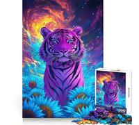 Puzzle psychédélique Tigre Champ de Tournesols pour Adultes 1000 Pièces Renforce la Mémoire Activité à Domicile Bords Nets Cadeau Festif (38x52cm)