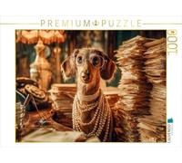 Puzzle · Puzzle Chien Teckel au Bureau avec Lunettes et Collier de Perles | Un teckel avec des lunettes et un collier de perles est assis… · 1000 pièces · Format assemblé 64 × 48 cm · CALVENDO Puzzle