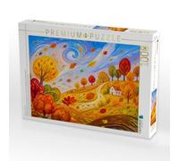 Puzzle · Puzzlespiel Herbststurm mit wehendem Laub und Haus in | windpoetischer Hügel landschaft · Ein modernes, kindlich-naives… · 1000 pièces · Format assemblé 64 × 48 cm · CALVENDO Puzzle