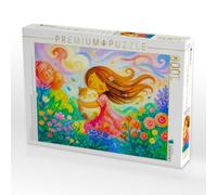 Puzzle · Puzzlespiel Mädchen mit Katze im Wind in moderner kindlicher | Windpoesie · Ein Mädchen hält seine Katze, während weiche… · 1000 pièces · Format assemblé 64 × 48 cm · CALVENDO Puzzle