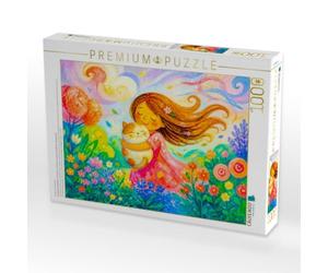 Puzzle · Puzzlespiel Mädchen mit Katze im Wind in moderner kindlicher | Windpoesie · Ein Mädchen hält seine Katze, während weiche… · 1000 pièces · Format assemblé 64 × 48 cm · CALVENDO Puzzle