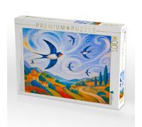 Puzzle · Puzzlespiel Schwalben im Wind über farbige Landschaft in | kindlicher Windpoesie · Elegante Schwalben gleiten mit dem Wind… · 1000 pièces · Format assemblé 64 × 48 cm · CALVENDO Puzzle