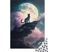 Puzzle Rectangle Créatif Adulte 1000 Pièces Chat Lune et Nuit en Papier Jeu Pratique Décoration Familiale 1000 Pièces (38x26cm)