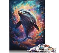 Puzzle rectangulaire en Carton 100% recyclé représentant des Dauphins psychédéliques colorés, idéal pour Les Cadeaux de Noël des Enfants et des Adultes (75 x 50 cm)