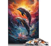 Puzzle rectangulaire en Carton 100% recyclé représentant des Dauphins psychédéliques colorés, idéal pour Les Cadeaux de Noël des Enfants et des Adultes (38 x 26 cm)