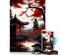 Puzzle Red Moon Japan Art 1000 pièces pour Adolescents Renforce la mémoire, apaise et détend, Bords Lisses, Cadeau Exceptionnel (50x75cm)