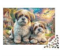 Puzzle Relaxation 1000 pièces Chiens au Jardin pour Adultes, Chiots Shih tzu, Cottage, Coucher de Soleil, Premium épais Robuste Haute qualité Stimulant Anti-Stress 52x38cm