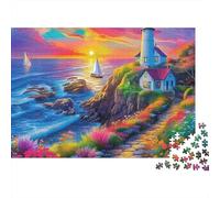 Puzzle Relaxation Paysage Marin 1000 pièces Adultes, Phare côtier Coucher de Soleil avec Fleurs, épais, Robuste, Haute qualité, défi, Anti-Stress 70x50cm/1000pcs