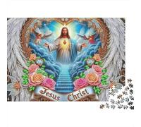 Puzzle Religieux Jésus Durable 1000 Pièces Jésus dans Une Arche en Forme de Cœur avec Fleurs Papier Recyclé pour Adultes | Cadeau pour Familles 52x38cm/1000pcs