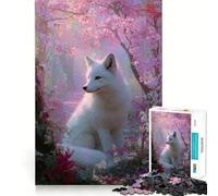 Puzzle Renard Blanc dans Forêt de Cerisiers en Fleurs 1000 Pièces Jeu de Reconnaissance Pièces Nettement Découpées sans Bavures Jeu Portable et Pratique pour Les Voyages (38x26cm)