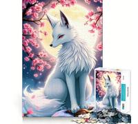 Puzzle Renard Blanc sous Les Fleurs de Cerisier 1000 Pièces Jeu de Concentration Mentale Conception Stricte sans Espace Défi Cérébral Interactif pour la Maison (50x75cm)