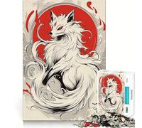 Puzzle Renard Kitsune Blanc avec Soleil Rouge 1000 Pièces Jeu de Construction Focus Assemblage Solide et Sécurisé Jouet de Loisirs d'Intérieur pour Les Fêtes (38x26cm)