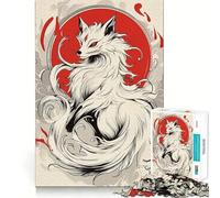 Puzzle Renard Kitsune Blanc avec Soleil Rouge pour Adultes 1000 Pièces Jeu de Mémoire Découpe Laser pour Un Assemblage Parfait Cadeau Unique Anti-Stress (38x52cm)