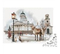 Puzzle Renne près d'une église enneigée, Art Populaire Nordique pour Adultes,1000pcs (75x50cm),Jeu ÉduChatif,décoration De La Maison,