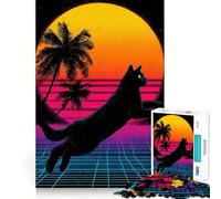 Puzzle rétro Chat synthwave 1000 pièces pour Adolescents Stimule la mémoire, détente et Divertissement Découpe Premium, Cadeau élégant (38x52cm)