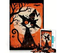 Puzzle rétro d'Halloween avec chat noir et lune, 1000 pièces, pour adultes, stimule la mémoire, offre un divertissement paisible et une qualité de découpe exceptionnelle, un cadeau mémorable (38x26cm)