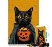 Puzzle rétro d'halloween avec Chat Noir et Seau Citrouille pour Adultes, 1000 pièces, Jeu de réflexion, Jouet Anti-anxiété, Objet de Collection aux découpes soignées (38x52cm)