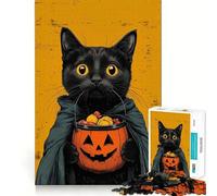 Puzzle rétro Halloween Chat Noir avec Seau Citrouille 1000 pièces pour Adultes Renforce la mémoire, apaise l'esprit, Bords de qualité, Surprise chaleureuse (50x75cm)