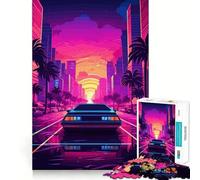 Puzzle rétro Miami Neon Sunset 1000 pièces pour Adolescents Renforce la mémoire Détente et Amusement Bords Lisses Liste de souhaits du Père Noël (50x75cm)