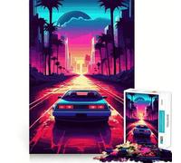 Puzzle rétro Miami Neon Sunset 1000 pièces pour Adultes Stimule la mémoire Amusant et décontracté Bords Nets Cadeau Classique (50x75cm)