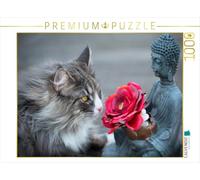 Puzzle · Rien que pour toi | Le chat des forêts norvégiennes, le Bouddha et la rose · 1000 pièces · Format assemblé 64 × 48 cm · CALVENDO Puzzle