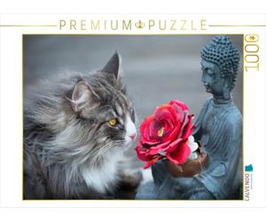 Puzzle · Rien que pour toi | Le chat des forêts norvégiennes, le Bouddha et la rose · 1000 pièces · Format assemblé 64 × 48 cm · CALVENDO Puzzle