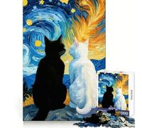 Puzzle Romantique de 1000 pièces Nuit étoilée avec Chats Noirs et Blancs, idéal pour Adultes, défi cérébral, Jeu de Groupe, découpe Nette, Joli Cadeau 38x52cm