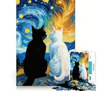 Puzzle Romantique Nuit étoilée avec Chat Noir et Chat Blanc, 1000 pièces, pour Adolescents Jeu de réflexion Relaxant et Amusant, 50x75cm