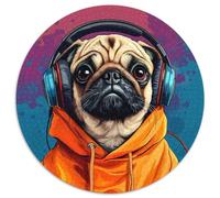 Puzzle Rond 1000 pièces Carlin avec Casque Audio Style Chien Urbain Cartoon Puzzle écologique pour Adultes Jeu Stimulant pour Adultes 1000 pièces (67,5x67,5cm)