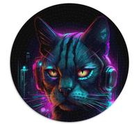 Puzzle Rond 1000 pièces Cat Neon Art. Puzzle 1000 pièces pour Adultes. Idéal comme Cadeau de Vacances ou décoration d'intérieur (Taille 67,5 x 67,5 cm).