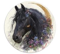 Puzzle Rond 1000 pièces Cheval Noir Illustration Art Fantasy Puzzle décoration Maison pour Adolescents et Adultes 1000 pièces (67,5x67,5cm)