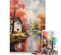 Puzzle Rustique d'automne au Bord de la rivière de 1000 pièces pour Adolescents Jeu de réflexion et de création Collective Découpe Nette et Amusante Objet de Collection (38x52cm)