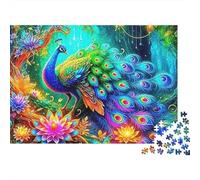 Puzzle Saint-Valentin Paon 1000 pièces Cadeau Adultes, Paon en forêt Magique avec Fleurs, épais, Robuste, Haute qualité, Vibrant, défi, Anti-Stress 38x26cm/1000pcs