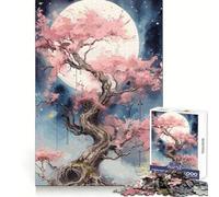 Puzzle Sakura Moon Tree pour Adultes, 1000 pièces, Jeu de réflexion, Anti-anxiété, Objet de Collection aux découpes soignées (38x52cm)