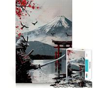 Puzzle Samouraï et Mont Fuji Soleil Rouge pour Adolescents 1000 Pièces Décoration Murale Apaisante et Amusante aux Découpes Claires (38x26cm)