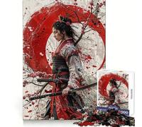 Puzzle Samurai Sakura Lune Rouge 1000 pièces pour Adolescents Jeu de logique Stimulant, détente mentale, Bords Nets, Cadeau élégant (50x75cm)