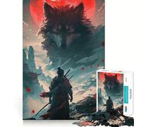 Puzzle Samurai Wolf Moon Rouge 1000 pièces pour Adultes Jeu de réflexion et de Loisirs Découpe Fine Cadeau de Noël idéal (38x26cm)