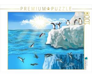 Puzzle · Saut du Pingouin, Un Saut dans l'eau Froide | Une journée ensoleillée sur la glace, de joyeux pingouins… · 1000 pièces · Format assemblé 64 × 48 cm · CALVENDO Puzzle