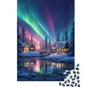 Puzzle Scène d'Ciel étoilé pour Adultes,52x38cm/1000pcs,Jeu ÉduChatif,décoration De La Maison,Paysage de cabane hivernale